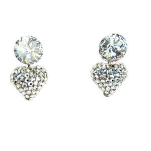 Crystal Heart Dangle Drop Earrings Pierced Silver Clear Rhinestone Disco Costume